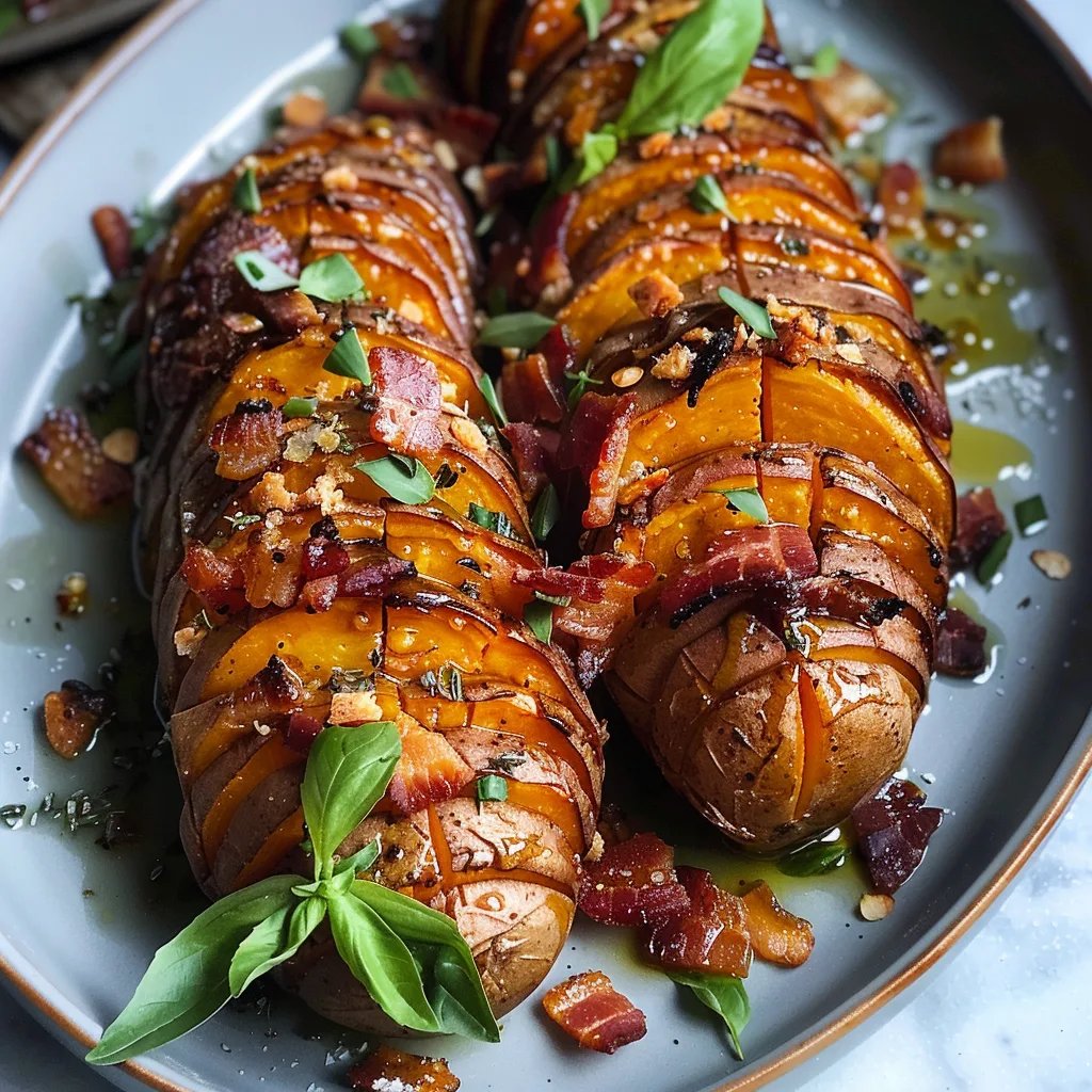 Roasted Hasselback Sweet Potatoes With Bacon Maple Brown Butter