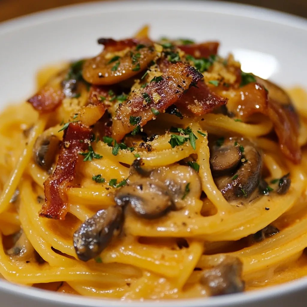 Pumpkin & Mushroom Spaghetti with Crispy Bacon